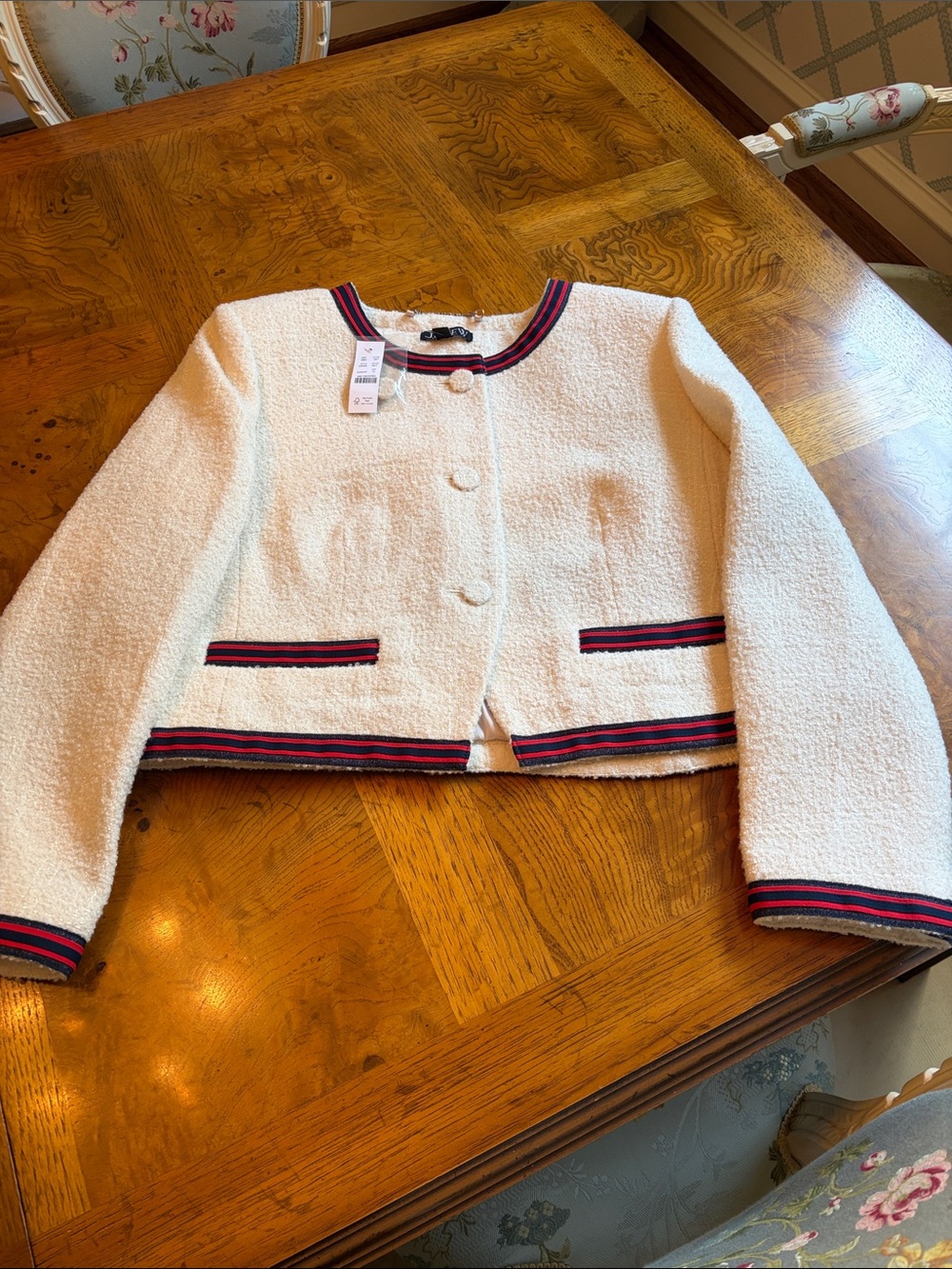 J. Crew Cream Bouclé Cropped Jacket with Navy & Red Trim size 12 nwt